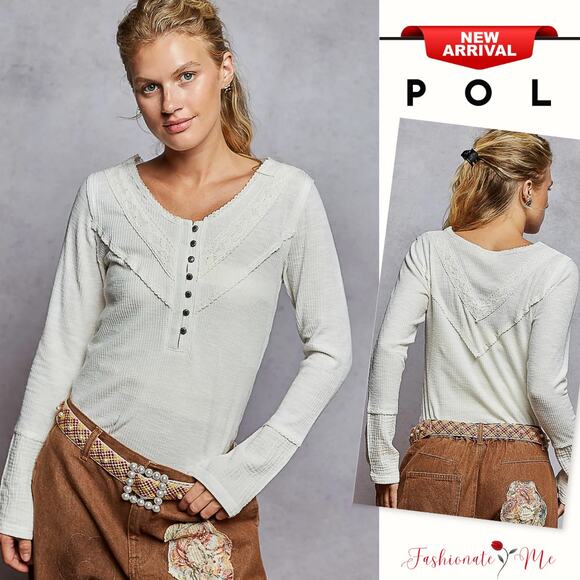 POL Half Button Lace Detail Long Sleeves Crew Neck Casual Rib Knit Top | Ivory - Picture 1 of 6